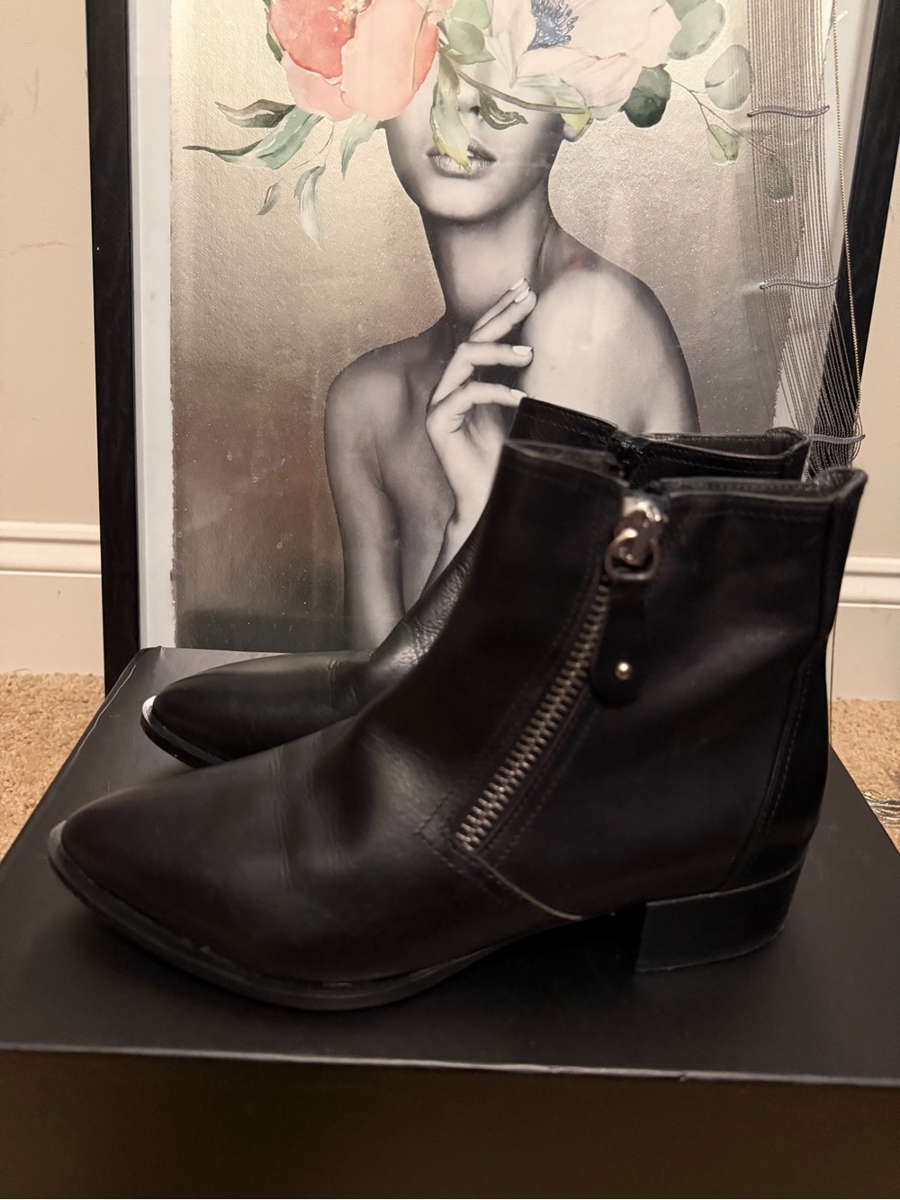 Napoleoni Italy Black Leather Moto Zip Black Ankle Boot Size EU 37